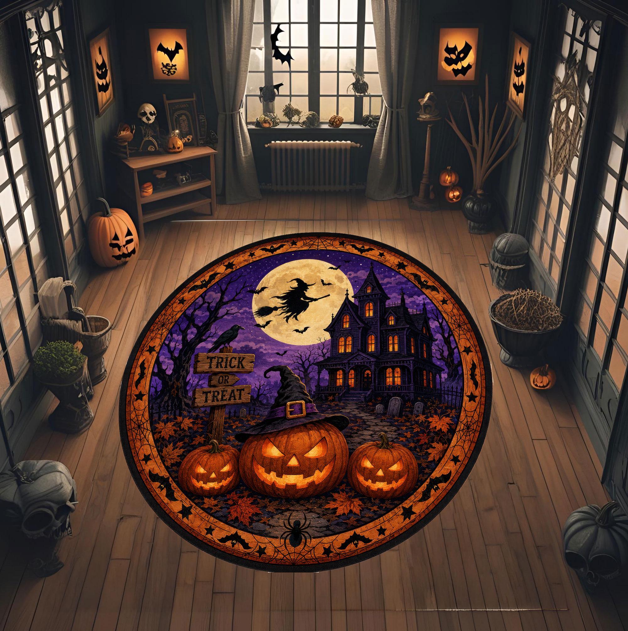 Round Halloween Haunted House Rug, Spooky Pumpkin Witch Moon Decor HG - Image 3