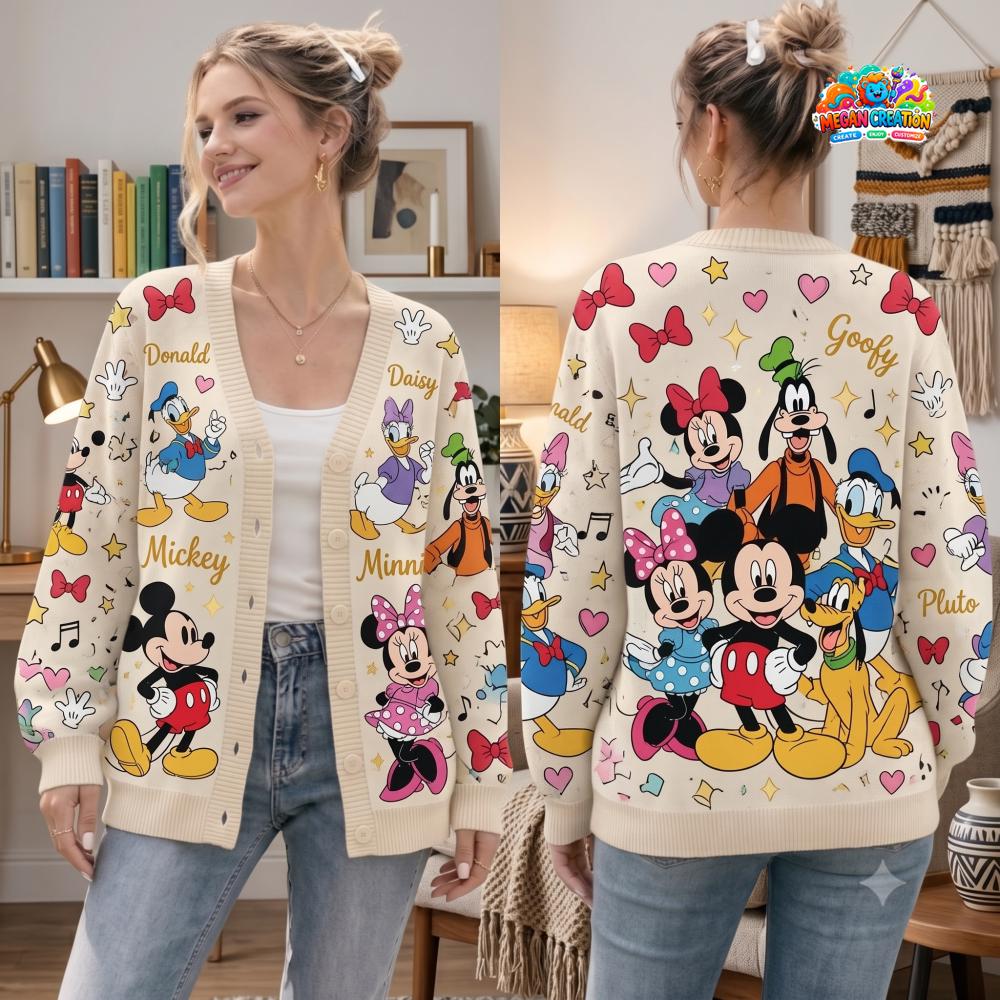 Minnie And Friends Knit Sweater, HG Minnie Donald Goofy Pluto Graphic Cardigan, Cartoon Character Sweater, Vintage Knit