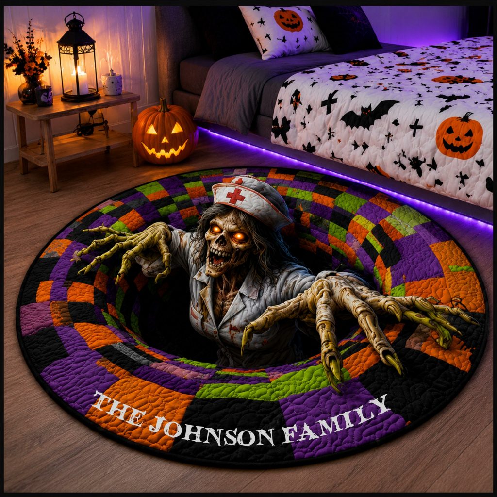 Personalized Halloween Round Quilted Floor Mat, HG Custom Zombie Nurse Rug, Spooky Horror Floor Cushion, Halloween Room Decor Gift