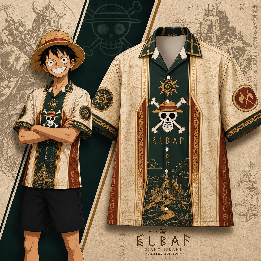 Anime Inspired Pirate Hawaiian Shirt HG Vintage Nautical Tropical Button Up