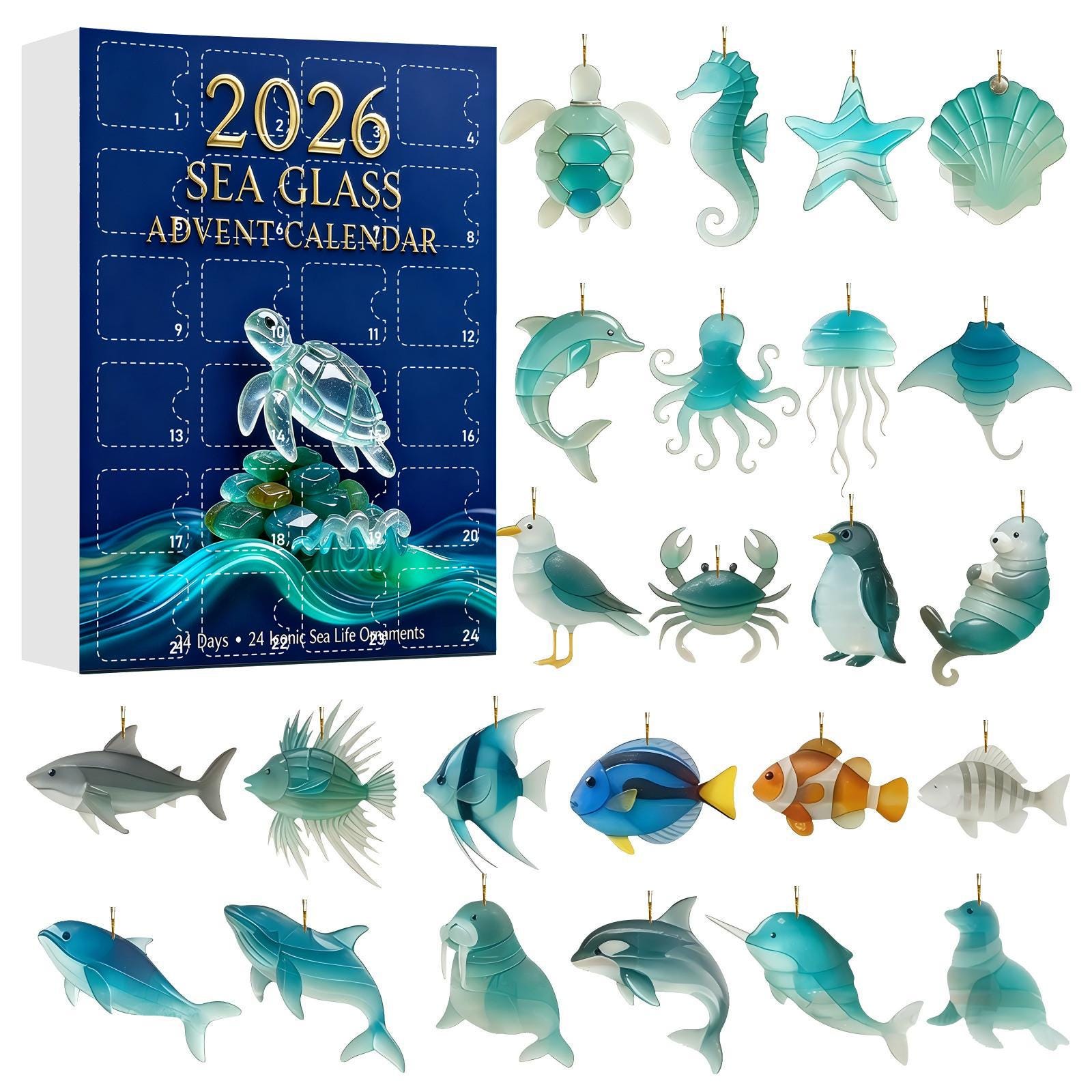 2026 Sea Glass Advent Calendar HG, Ocean Theme Collectible Ornaments, 24 Days Surprise Box, 2D Acrylic Flat Charms, Sea Life Decoration - Image 6