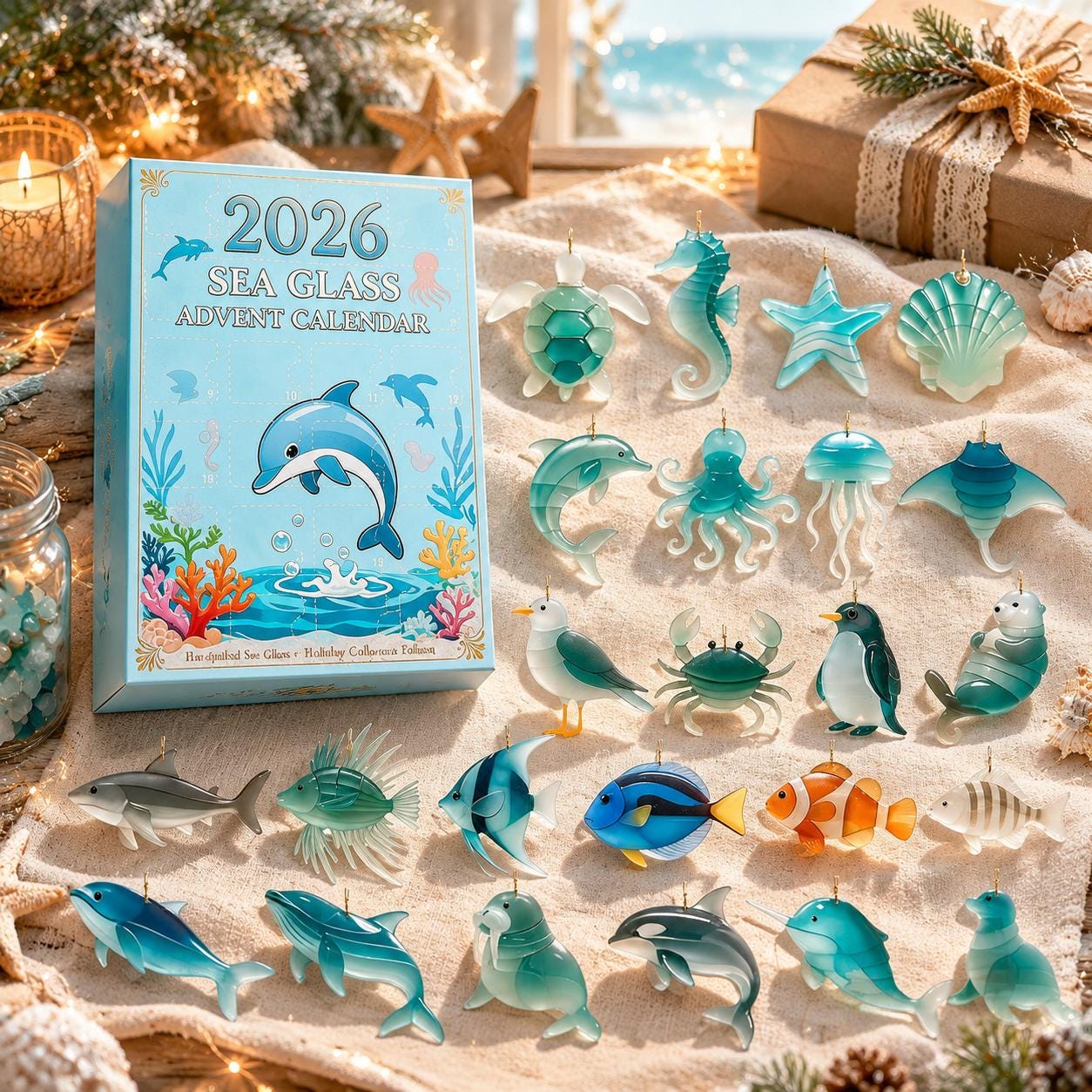 2026 Sea Glass Advent Calendar HG, Ocean Theme Collectible Ornaments, 24 Days Surprise Box, 2D Acrylic Flat Charms, Sea Life Decoration