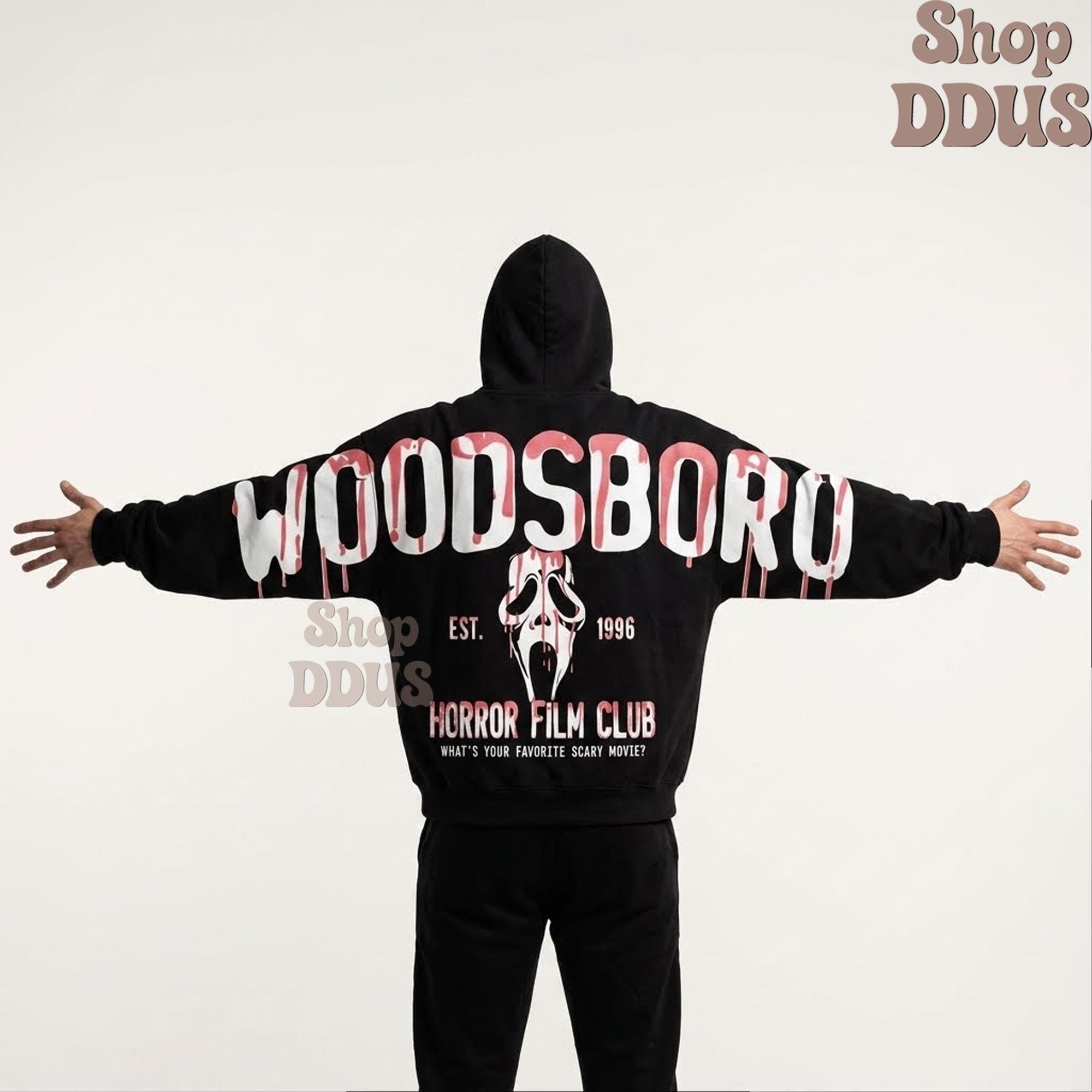 Woodsboro Hoodie, Ghost Spooky HG Season Hoodie, Halloween Horror Fan Gift, Halloween Arm to Arm Hoodie, Gothic Horror Arm to Arm Woodsboro - Image 3