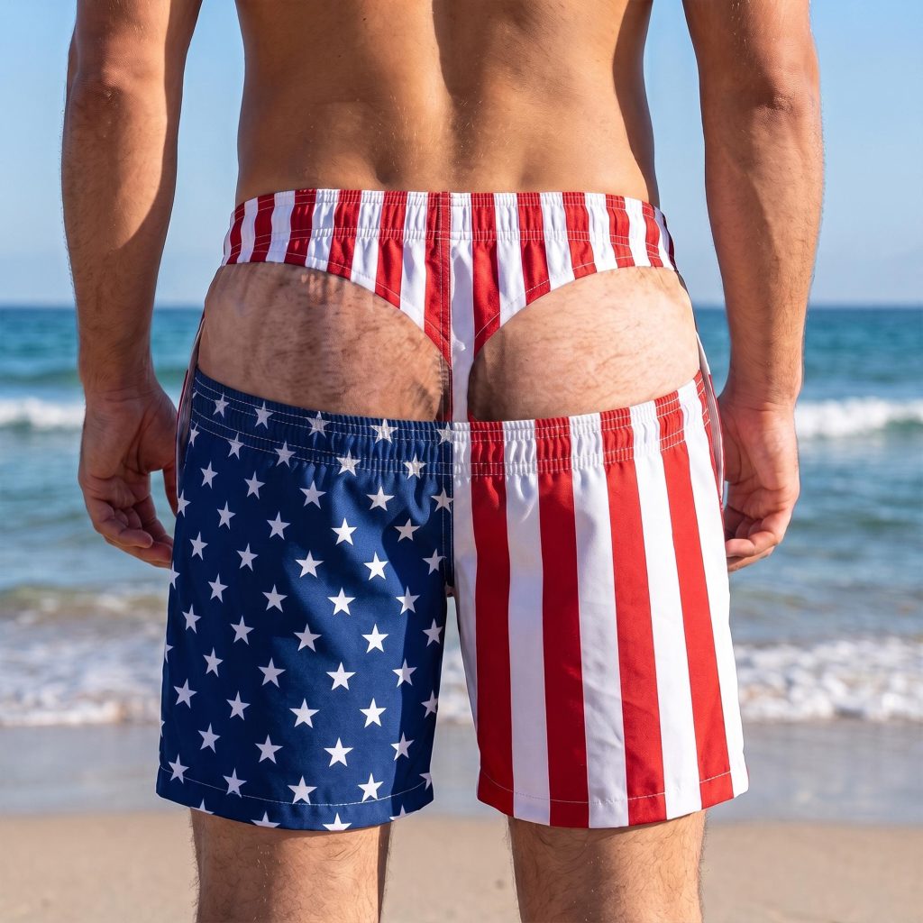 USA Funny Men?s Swim Trunks, Custom Fake Underwear Beach Shorts, Wide Load Birthday HG Gag Gift For Him, Summer Gag Gift For Men, Summer Vacation