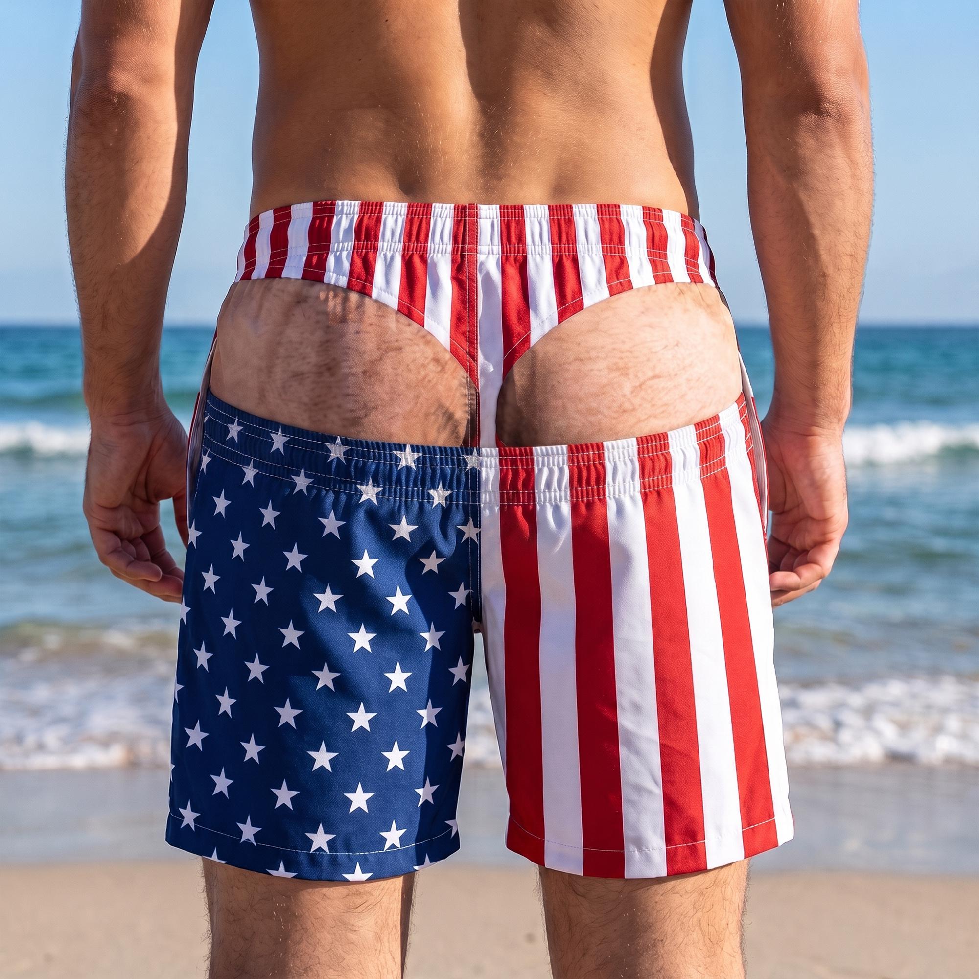 USA Funny Men?s Swim Trunks, Custom Fake Underwear Beach Shorts, Wide Load Birthday HG Gag Gift For Him, Summer Gag Gift For Men, Summer Vacation