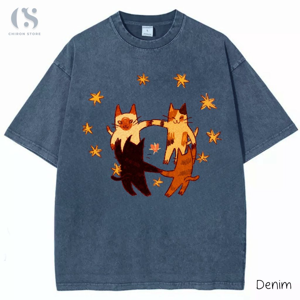 Vintage Cat T-Shirt, Cute Dancing Cats Graphic Tee, Cat Lover Gift, Cottagecore Cat Shirt, Washed Oversized T-Shirt, Cute Aesthetic Shirt HFN Shirt
