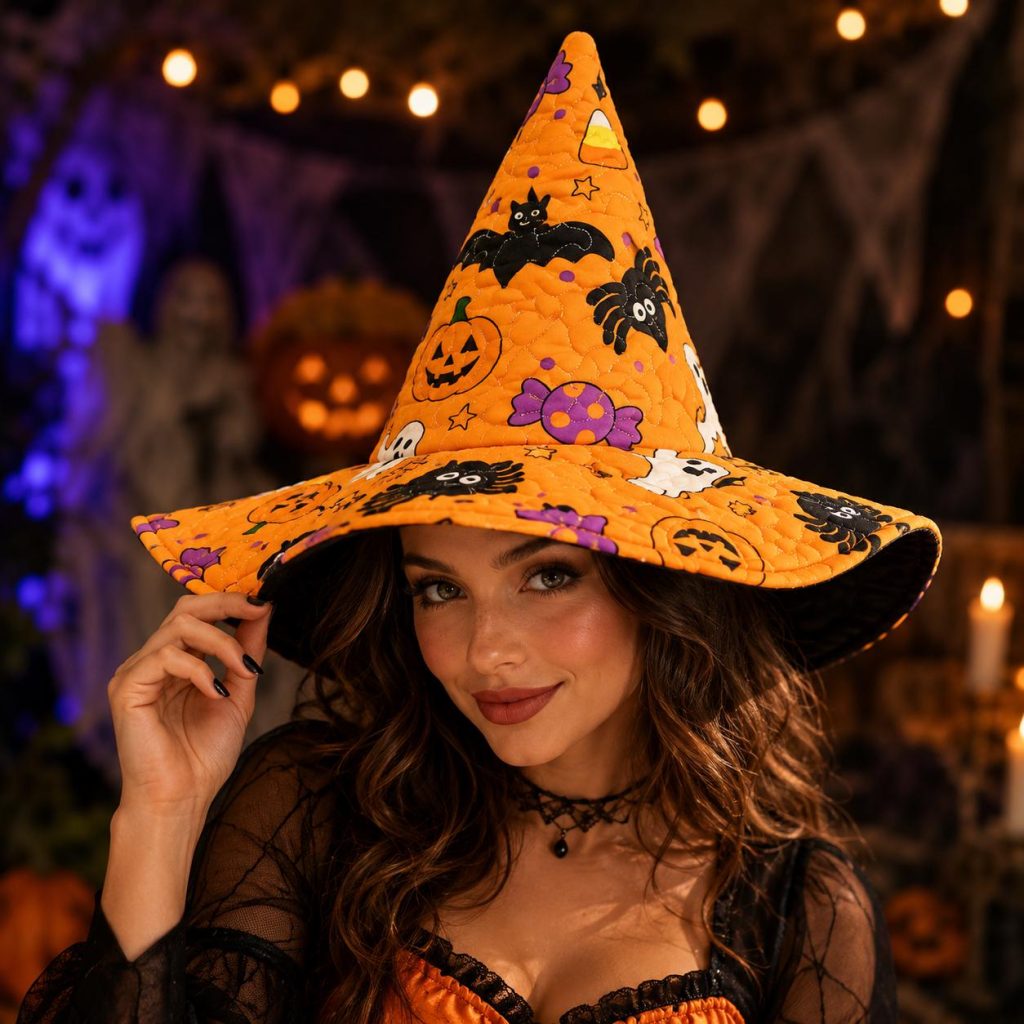 Vintage Halloween Quilted Witch Hat HG HG , Cute Patchwork Witch Costume Hat, Spooky Season Party Hat, Trick Or Treat Accessory