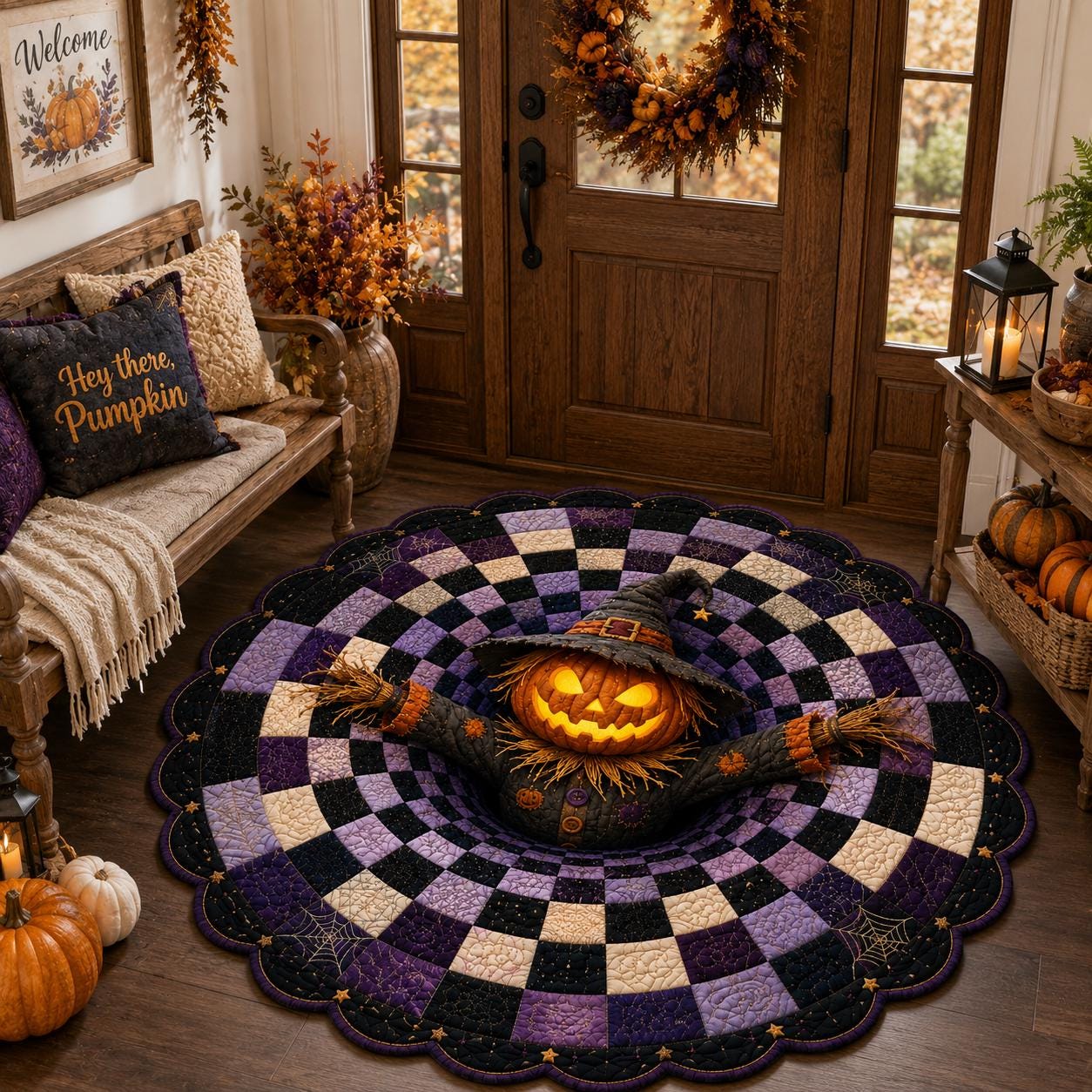 3D Pumpkin Scarecrow Halloween Rug, HG Round Spooky Area Rug, Purple Black Optical Illusion Floor Mat, Haunted House Decor - Image 4