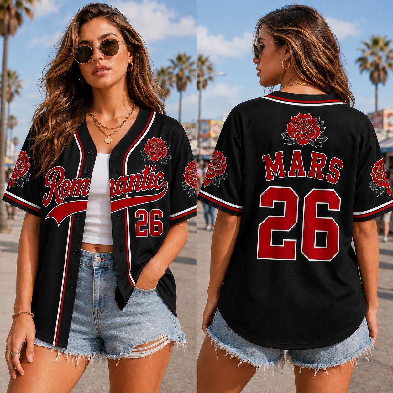 Romantic Red Rose Baseball Jersey HG , Custom Mars 26 Black Concert Fan Shirt, Music Festival Button-Down Outfit