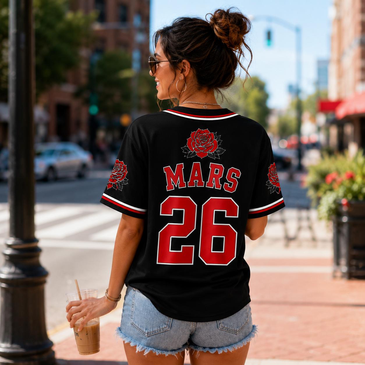 Romantic Red Rose Baseball Jersey HG , Custom Mars 26 Black Concert Fan Shirt, Music Festival Button-Down Outfit - Image 2