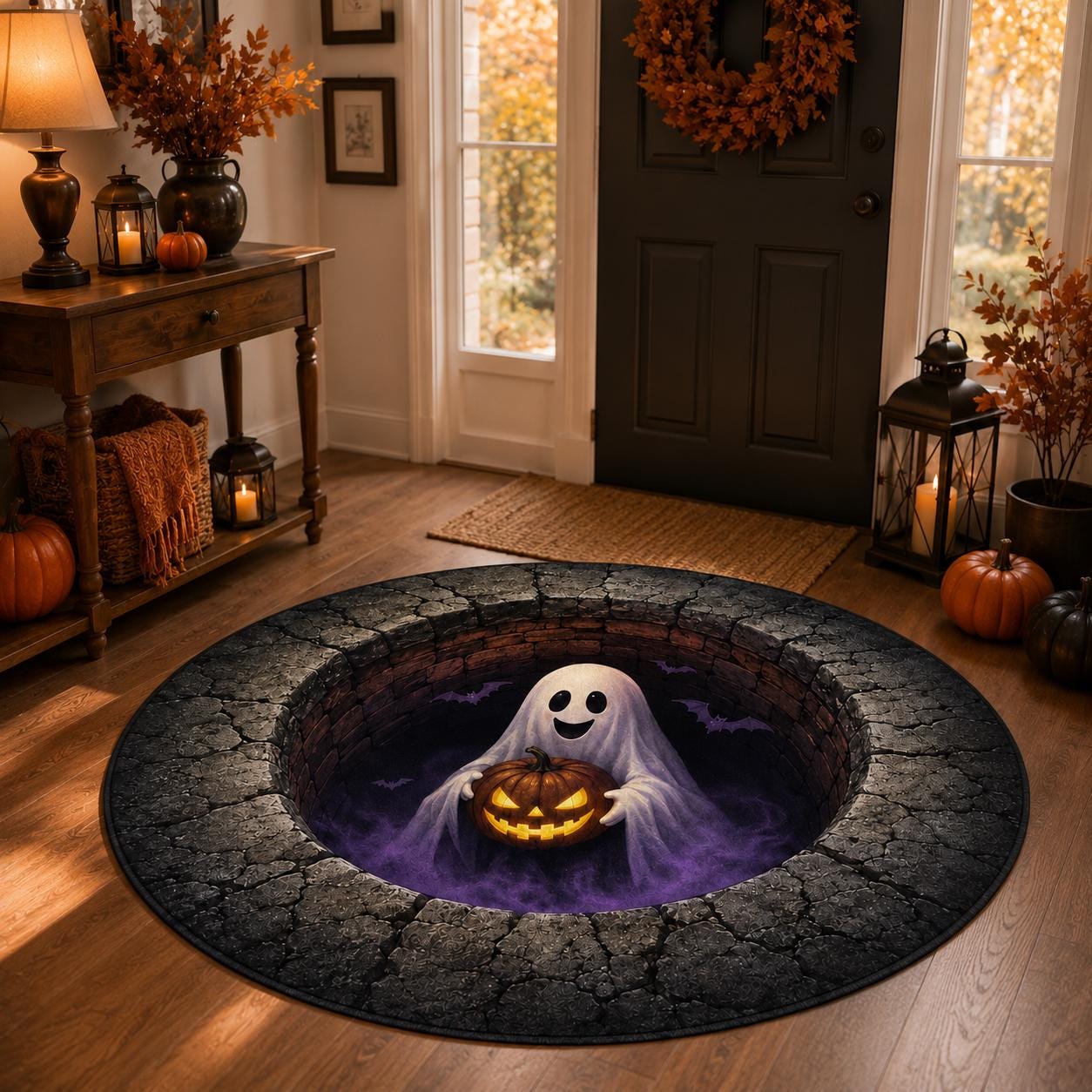 3D Ghost Halloween Rug, HG Round Jack O Lantern Area Rug, Spooky Optical Illusion Floor Mat, Haunted House Decor - Image 6