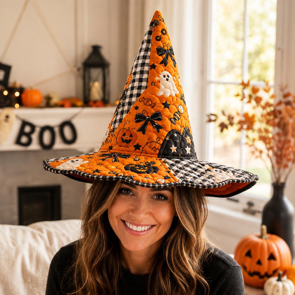 Quilted Witch Hat HG HG Halloween Decor, Ghost Pumpkin Gingham Spooky Accessory - Image 4