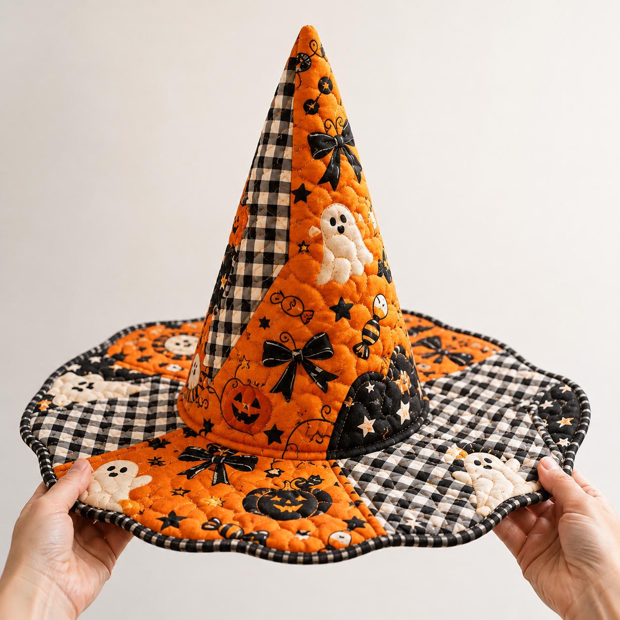 Quilted Witch Hat HG HG Halloween Decor, Ghost Pumpkin Gingham Spooky Accessory - Image 2