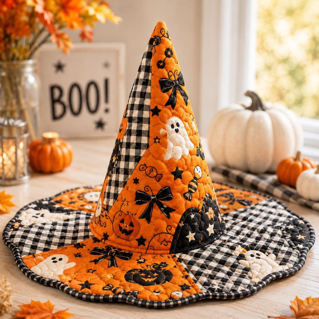Quilted Witch Hat HG HG Halloween Decor, Ghost Pumpkin Gingham Spooky Accessory