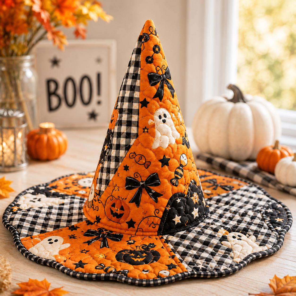 Quilted Witch Hat HG HG Halloween Decor, Ghost Pumpkin Gingham Spooky Accessory