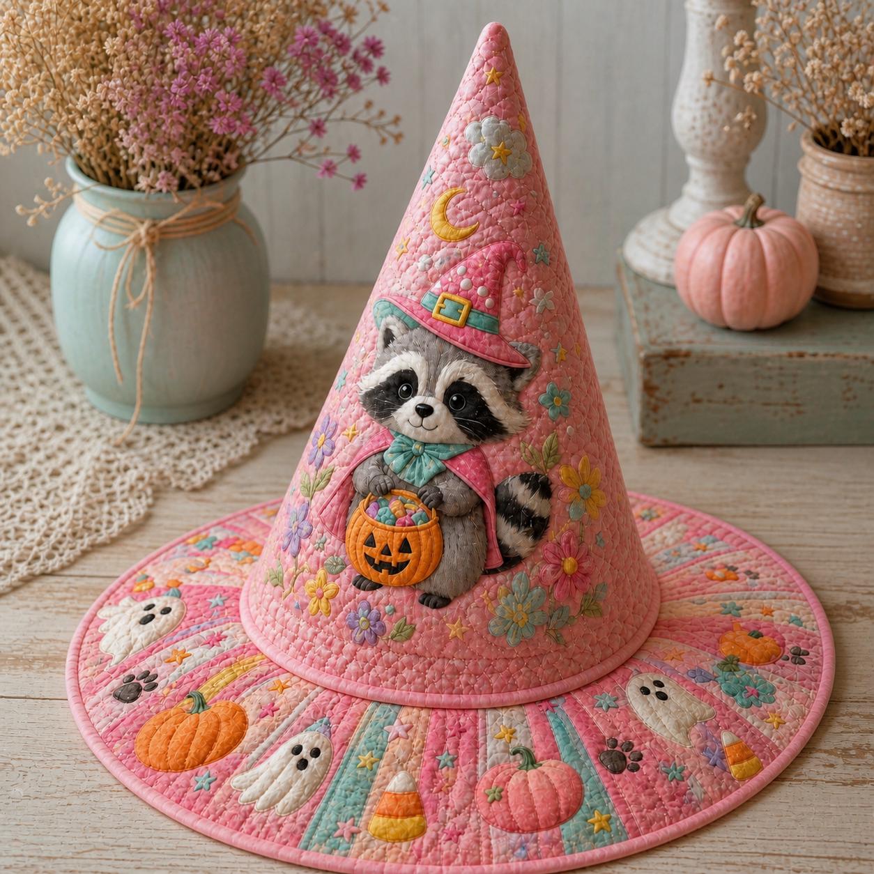 Personalized Pastel Raccoon Witch Hat HG Quilted Fall Decor, Halloween Cone Hat Fabric Art Gift - Image 3