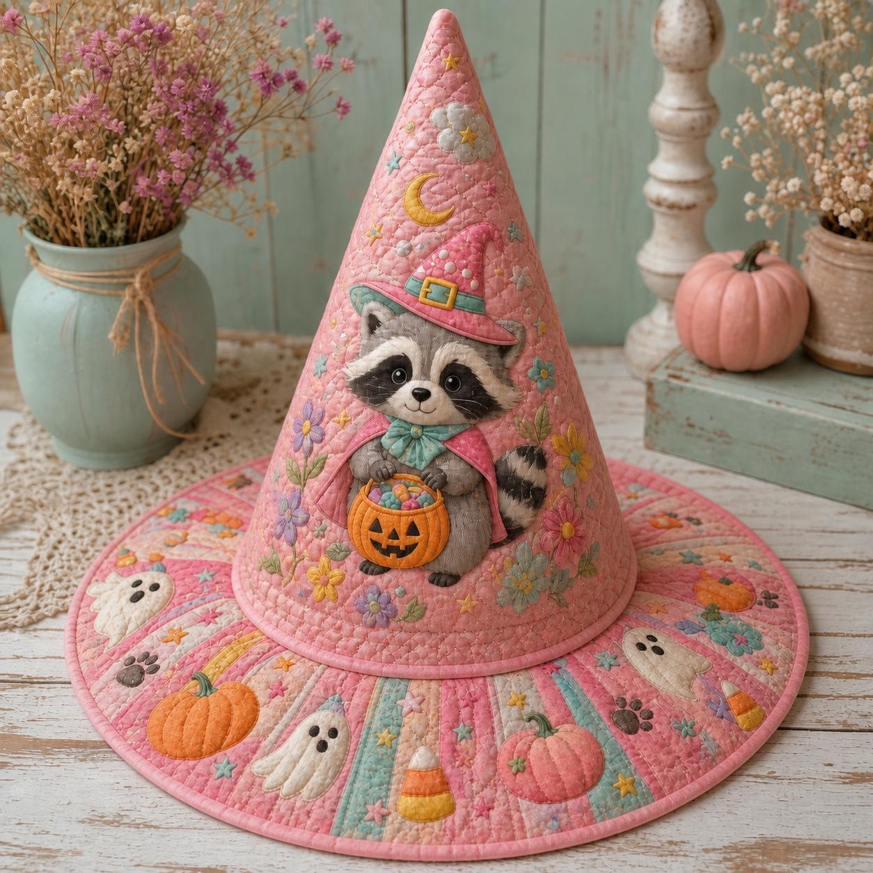 Personalized Pastel Raccoon Witch Hat HG Quilted Fall Decor, Halloween Cone Hat Fabric Art Gift