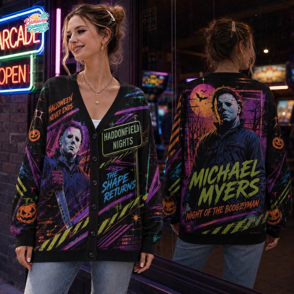 Michael Myers Cardigan HG , Halloween 2026 Horror Movie Sweater, Haddonfield Nights, Spooky Season Gift for Her, Halloween Cardigan HG