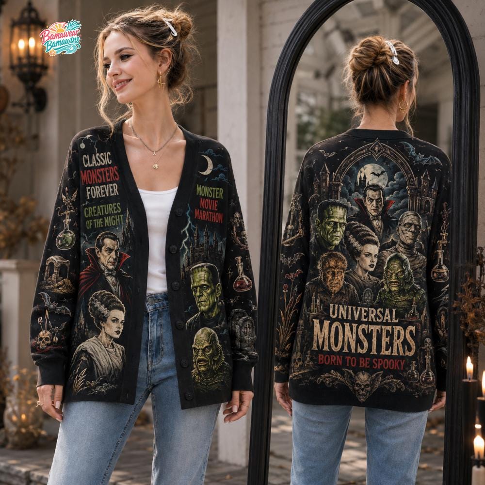 Monsters Cardigan HG , Halloween Sweater 2026, Horror Movie, Fran kenstein Dracula Gift, Spooky Season Apparel, Halloween Cardigan HG