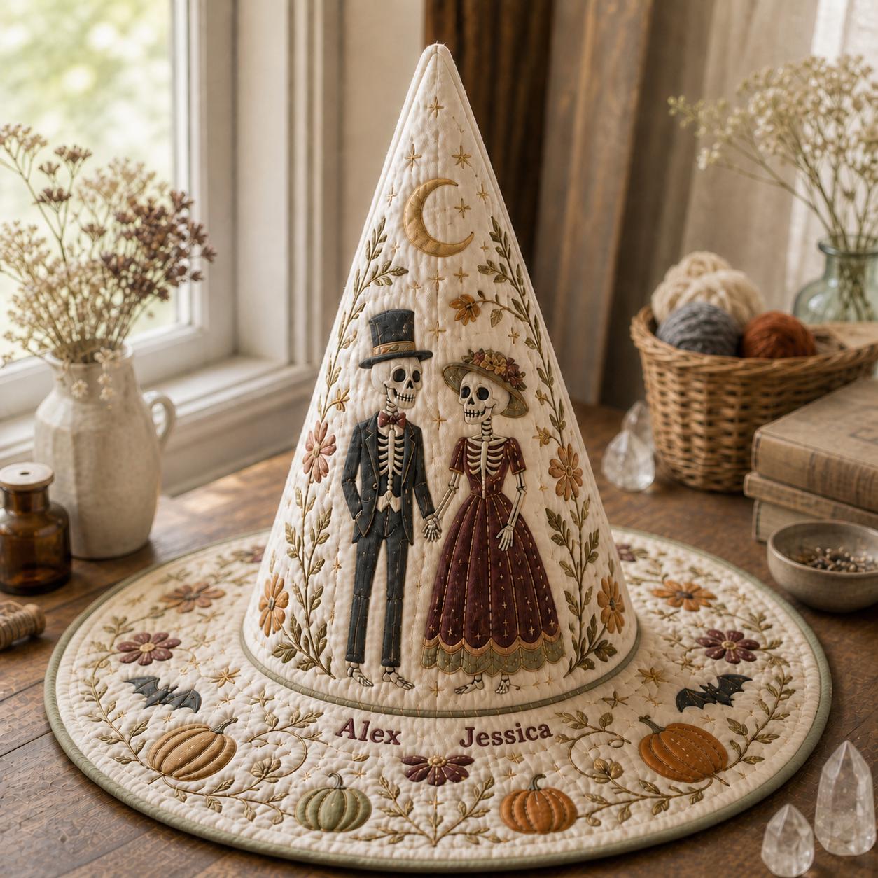 Personalized Printing Quilted Witch Hat HG HG , Custom Skeleton Couple Name, Halloween Decor - Image 2