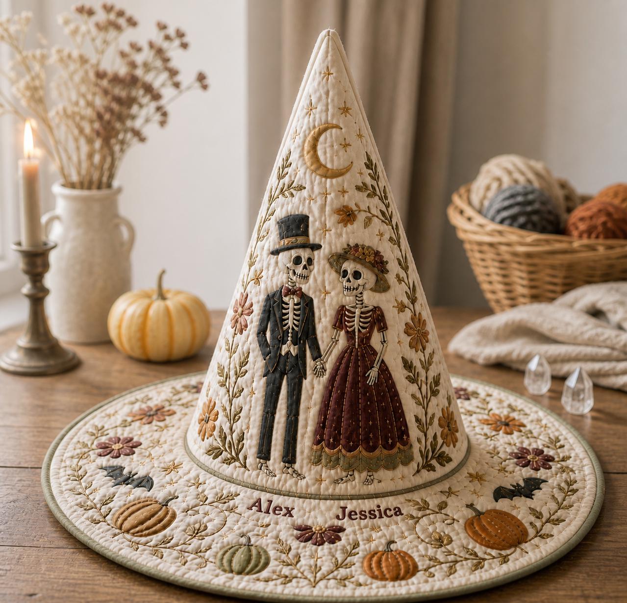 Personalized Printing Quilted Witch Hat HG HG , Custom Skeleton Couple Name, Halloween Decor - Image 3
