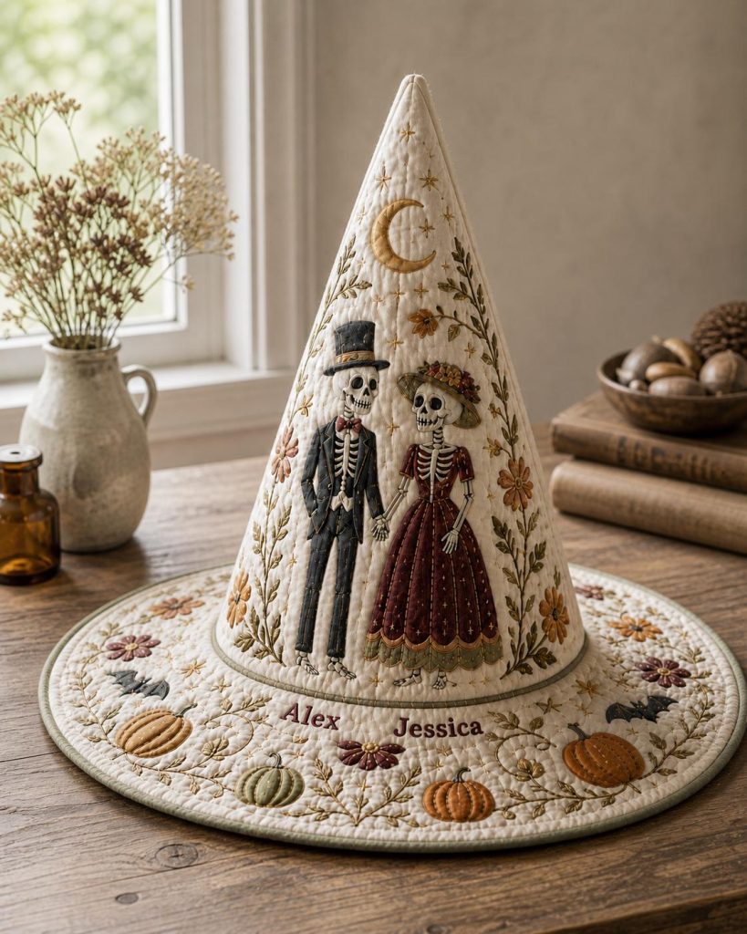 Personalized Printing Quilted Witch Hat HG  HG , Custom Skeleton Couple Name, Halloween Decor