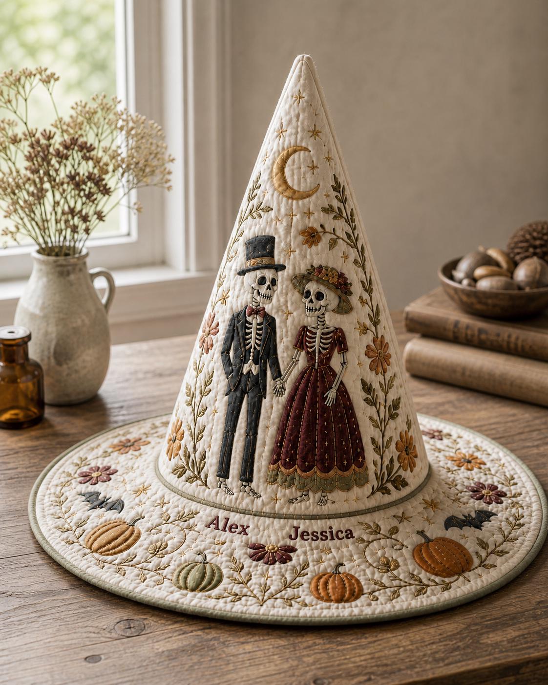 Personalized Printing Quilted Witch Hat HG HG , Custom Skeleton Couple Name, Halloween Decor