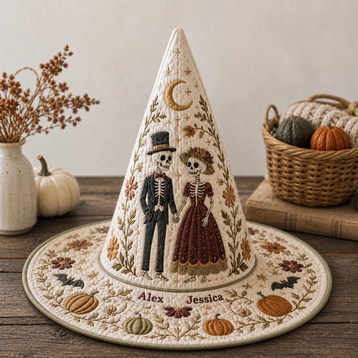 Personalized Printing Quilted Witch Hat HG HG , Custom Skeleton Couple Name, Halloween Decor - Image 4