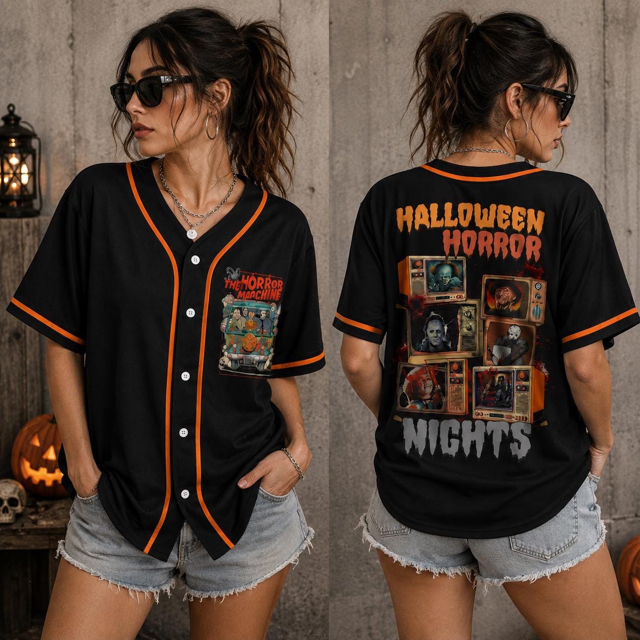 Retro Horror Baseball Jersey HG , Halloween Scary Movie Shirt, Spooky Season Button Up Top, Horror Fan Gift, Halloween Outfit HG - Image 3
