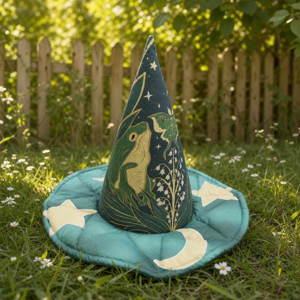 Quilted Witch Hat HG  HG , Frog Wizard Hat, Cottagecore Costume Hat, Fairy Garden Party Hat, Halloween Wizard Cap, Celestial Frog Gift