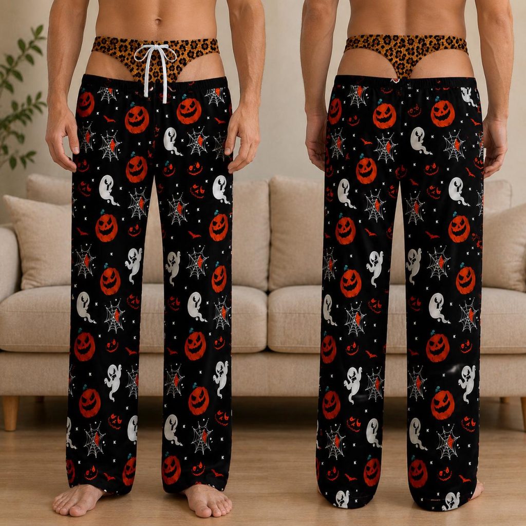 Personalized Pajama Pants, HG Funny Fake Underwear Print Halloween Pajamas, Pumpkin Ghost Lounge Pants, Novelty Gag Gift for Men Women