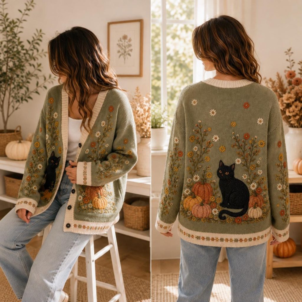 Black Cat Halloween Cardigan HG , Pumpkin Sweater, Autumn Floral Knit, Cozy Cottagecore Gift 2026, Personalized Name Cardigan HG , Cute Witchy Gift