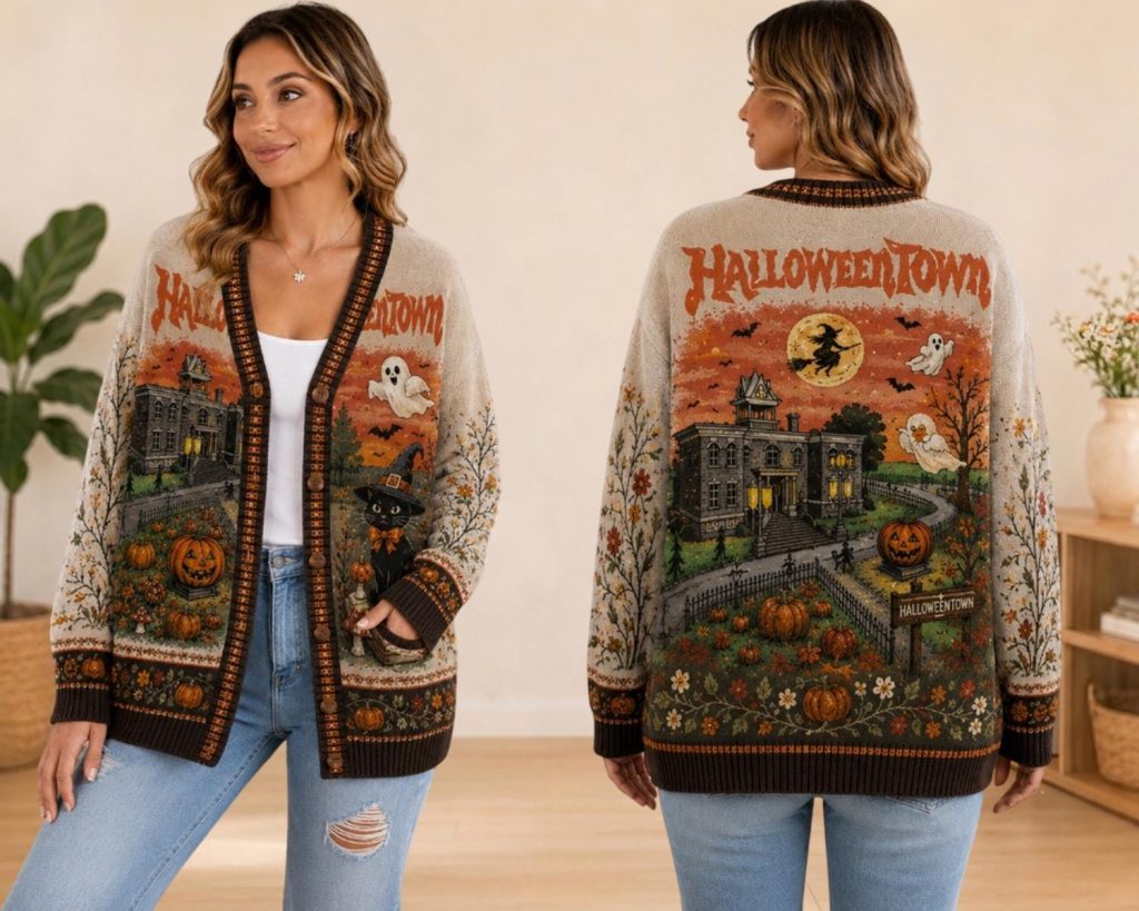 Personalized Halloween Knitted Cardigan HG , Halloween Witchy Town Halloween Cardigan HG , Gothic Pumpkin Cardigan HG , Halloween Gift