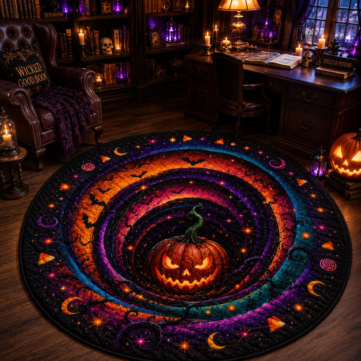 Round Quilted Halloween Rug Pumpkin Vortex 3D Illusion Gothic Witchy Decor HG - Image 5