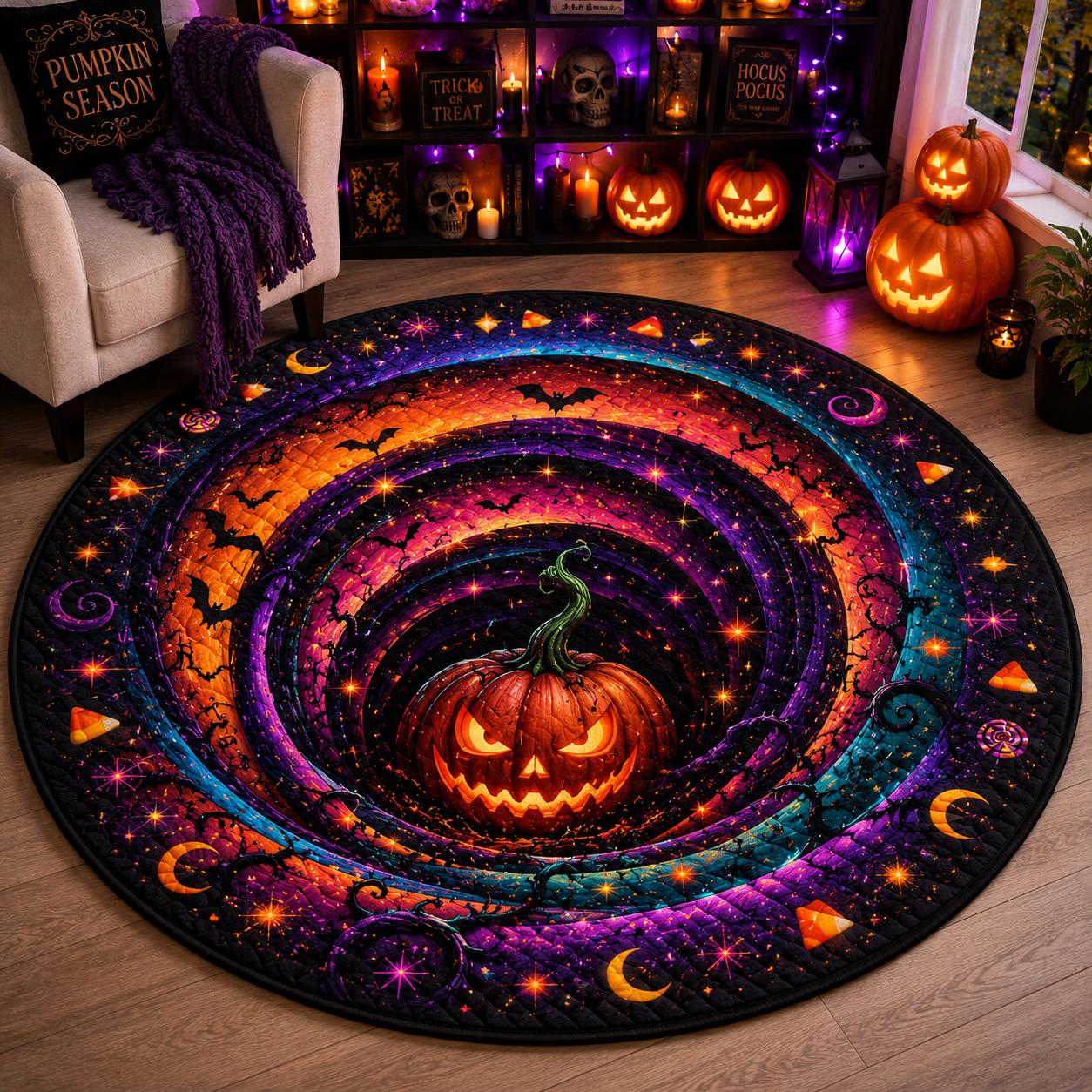 Round Quilted Halloween Rug Pumpkin Vortex 3D Illusion Gothic Witchy Decor HG - Image 2