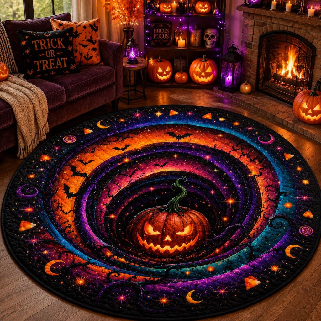 Round Quilted Halloween Rug Pumpkin Vortex 3D Illusion Gothic Witchy Decor HG