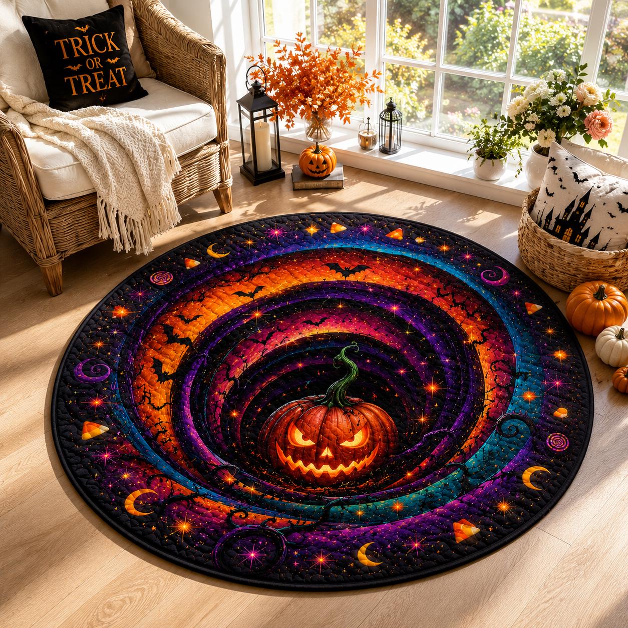 Round Quilted Halloween Rug Pumpkin Vortex 3D Illusion Gothic Witchy Decor HG - Image 3