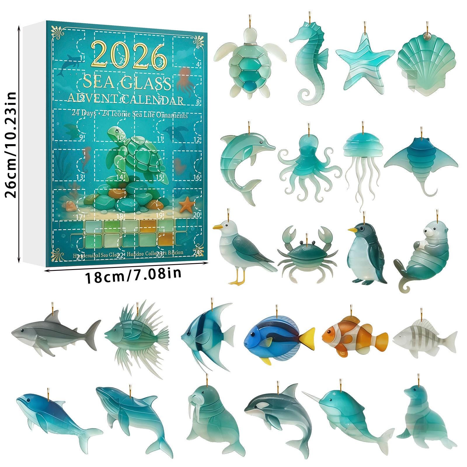 2026 Sea Glass Advent Calendar HG, Ocean Theme Collectible Ornaments, 24 Days Surprise Box, 2D Acrylic Flat Charms, Sea Life Decoration - Image 5