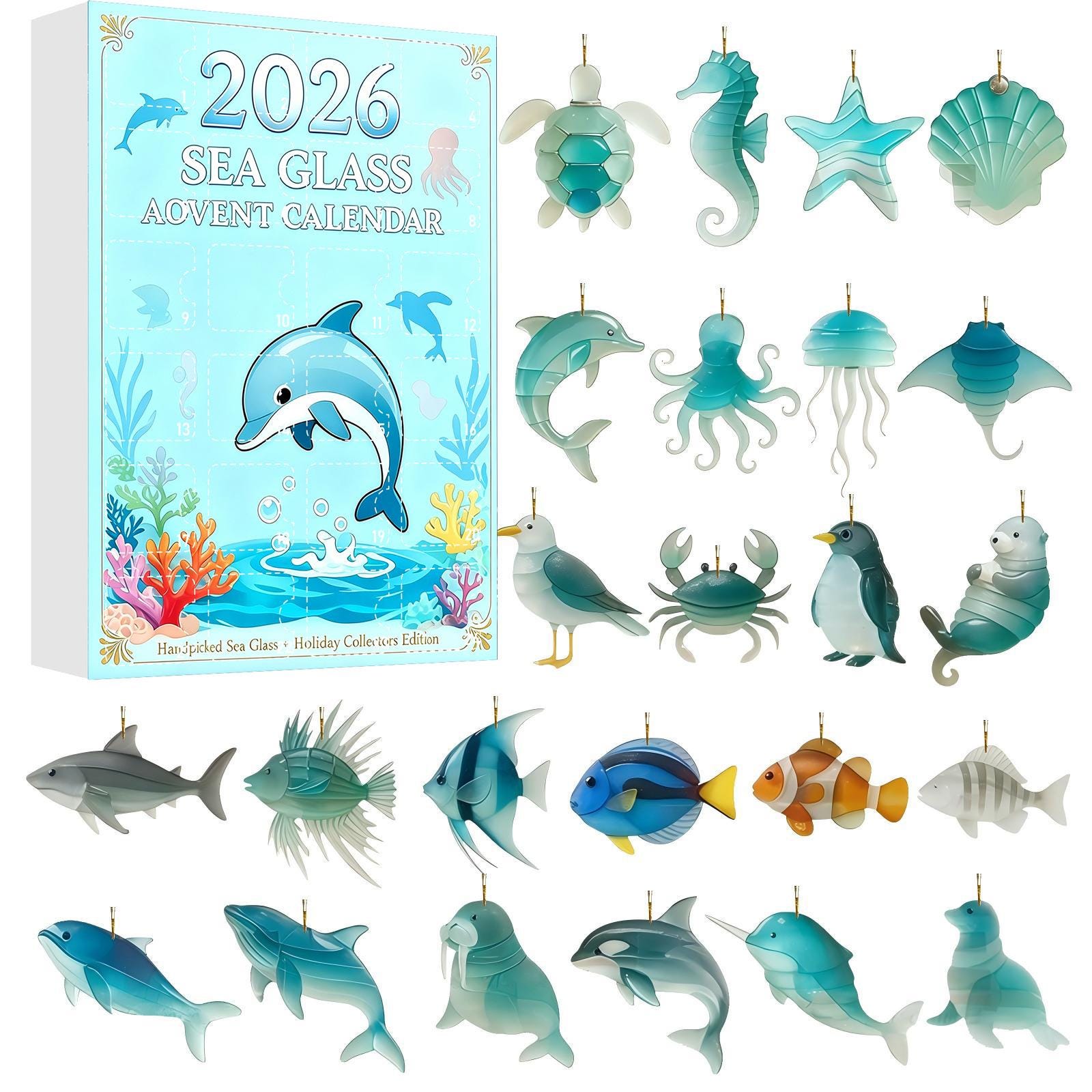 2026 Sea Glass Advent Calendar HG, Ocean Theme Collectible Ornaments, 24 Days Surprise Box, 2D Acrylic Flat Charms, Sea Life Decoration - Image 7