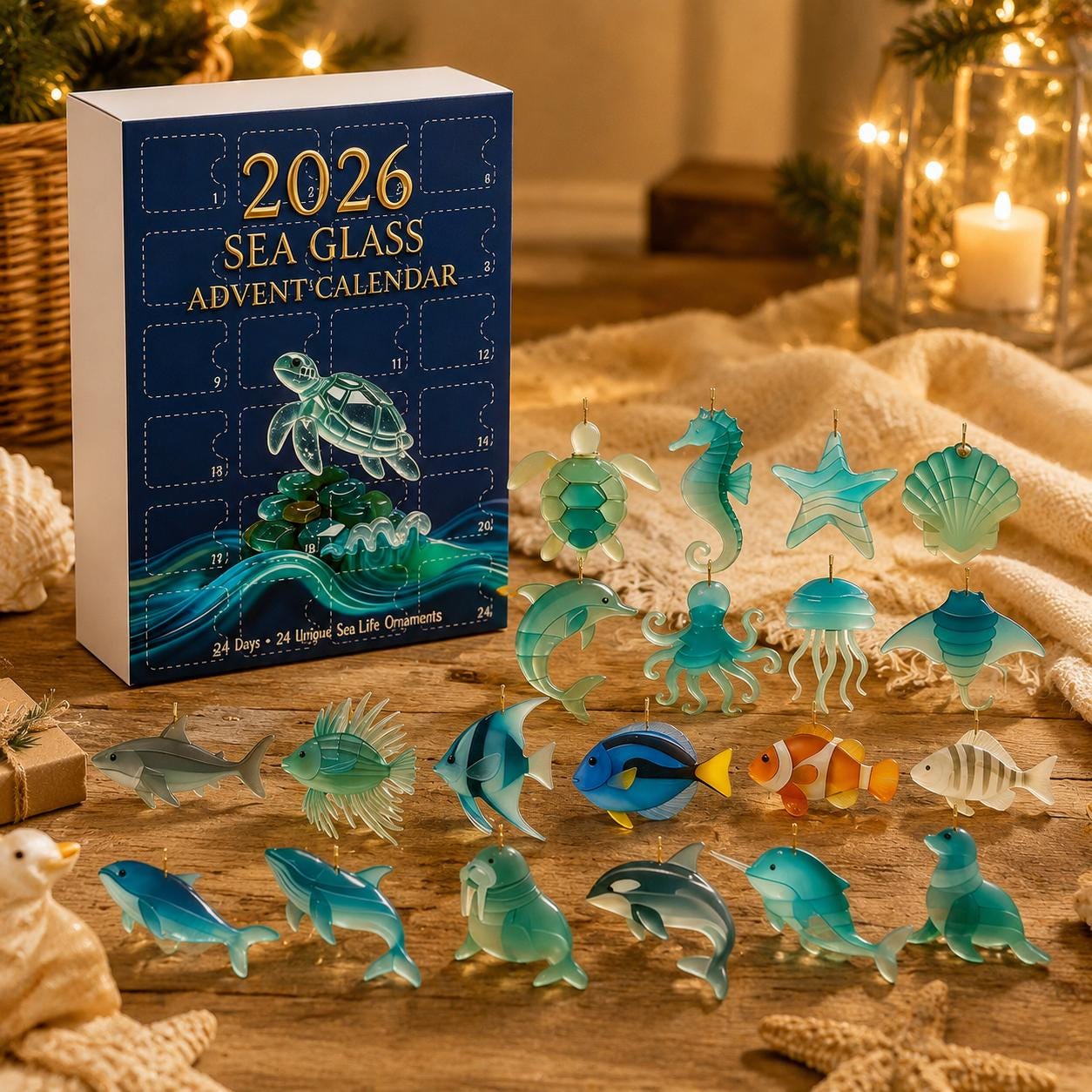 2026 Sea Glass Advent Calendar HG, Ocean Theme Collectible Ornaments, 24 Days Surprise Box, 2D Acrylic Flat Charms, Sea Life Decoration - Image 2