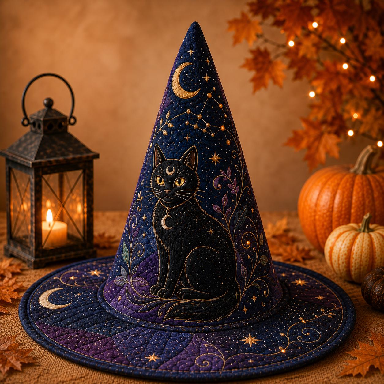 Midnight Whisker Quilted Witch Hat HG HG : Black Cat Halloween Costume Accessory