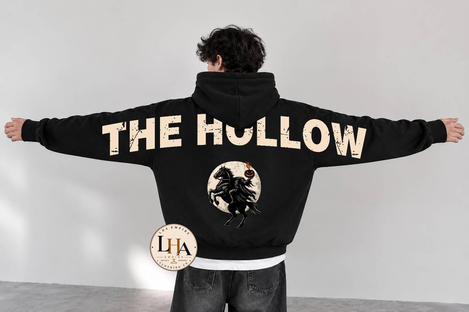 The Hollow Halloween Across Back Hoodie, HG Headless Horseman Sweatshirt, Gothic Halloween Shoulder-to-Shoulder Back Lettering Hoodie - Image 5