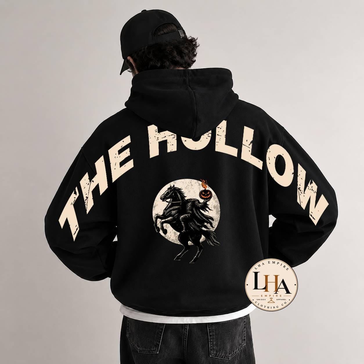 The Hollow Halloween Across Back Hoodie, HG Headless Horseman Sweatshirt, Gothic Halloween Shoulder-to-Shoulder Back Lettering Hoodie - Image 6