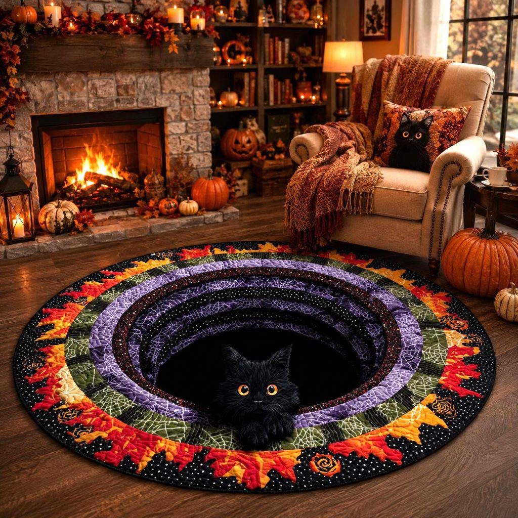 Black Cat 3D Illusion Rug, HG Halloween Round Area Carpet, Spooky Cat Portal Floor Mat, Witchy Gothic Home Decor