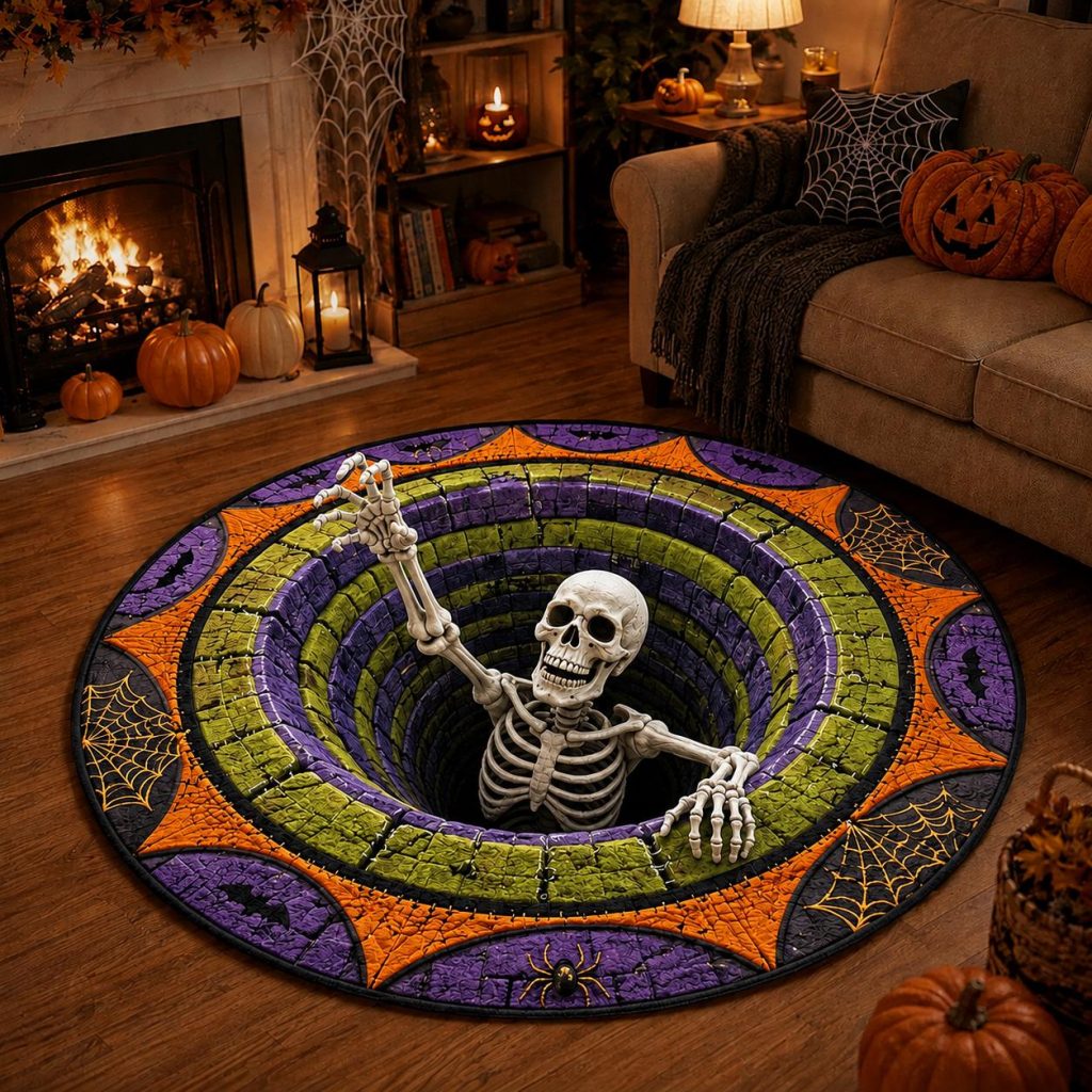 3D Skeleton Halloween Rug, HG Round Spooky Area Rug, Optical Illusion Floor Mat,Creepy Haunted House ,Fall Home Decoration,Spooky Season Gift