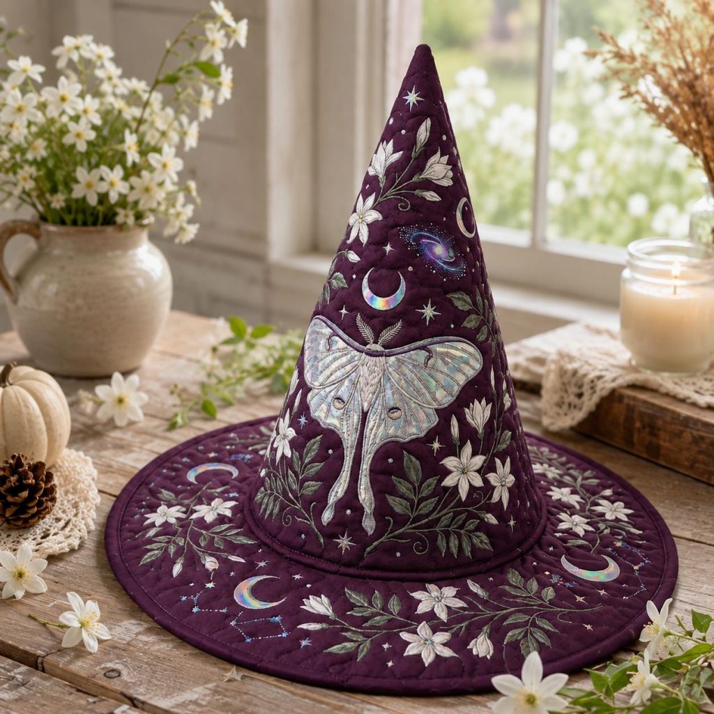 Quilted Witch Hat HG  HG , Luna Moth Celestial Halloween Home Decor, Gothic Witchcore Costume Floral Moon Quilt Accessory, Cottagecore Gift for Her
