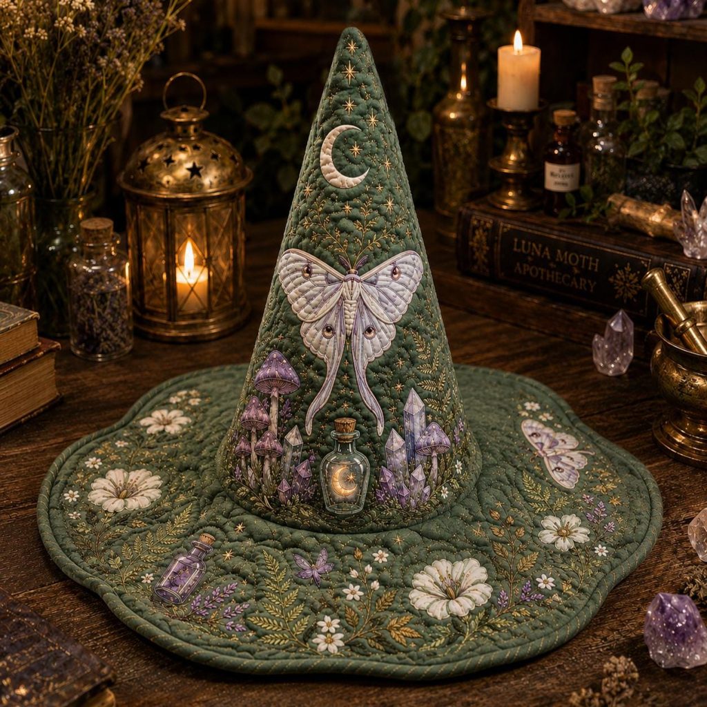 Quilted Witch Hat HG  HG , Custom Luna Moth Celestial Halloween Decor, Cottagecore Witch Costume, Botanical Witchcore Accessory, Witchy Gift for Her