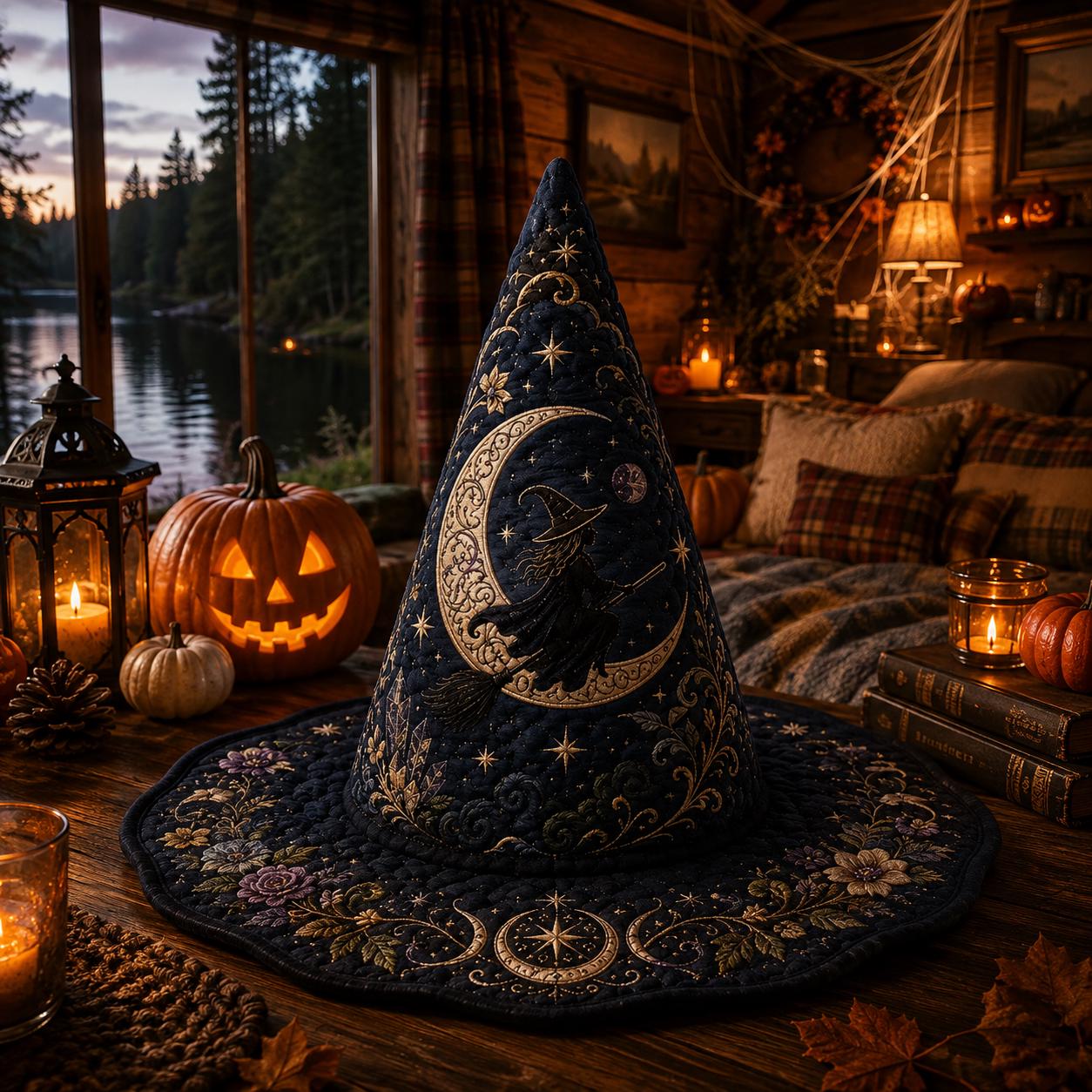 Quilted Witch Hat HG HG , Celestial Moon Halloween Decor, Gothic Raven Centerpiece, Crystal Witchy Gift