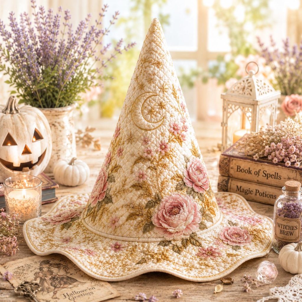 Pink Floral Celestial Moon Quilted Witch Hat HG HG , Halloween Costume, Cottagecore Witchcore Accessory, Mystical Gift