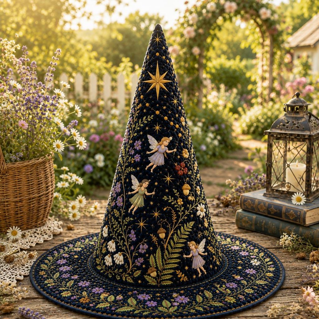 Quilted Witch Hat HG  HG , Celestial Fairy Floral Decor, Navy Cottagecore Mystical Home
